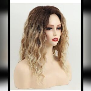Ombre Blonde Curly Wigs for Women Medium Length Synthetic Wig Afro Wave 20"